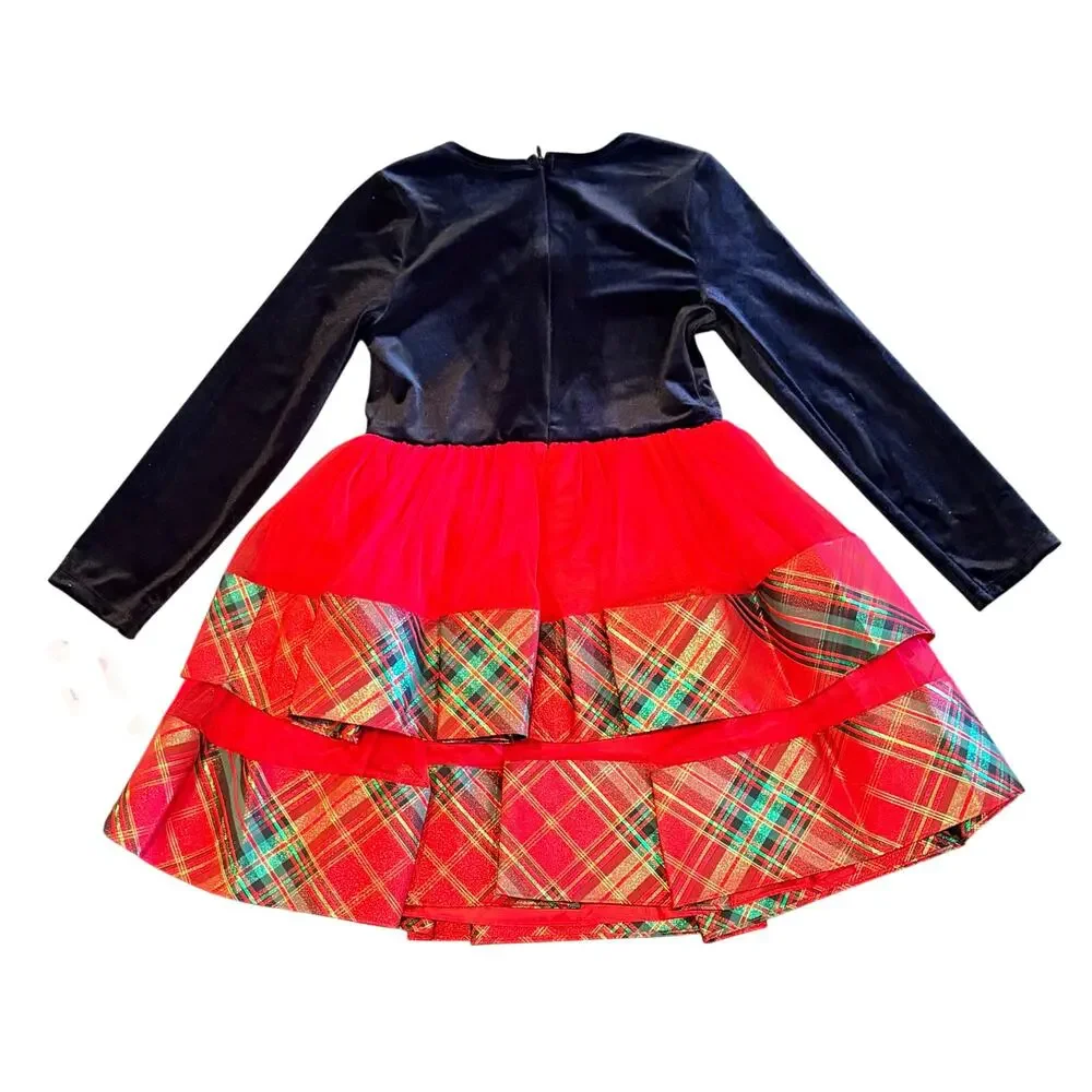 Bonnie Jean Red Velvet & Plaid Tiered Holiday Dress Girls New Christmas Size 8